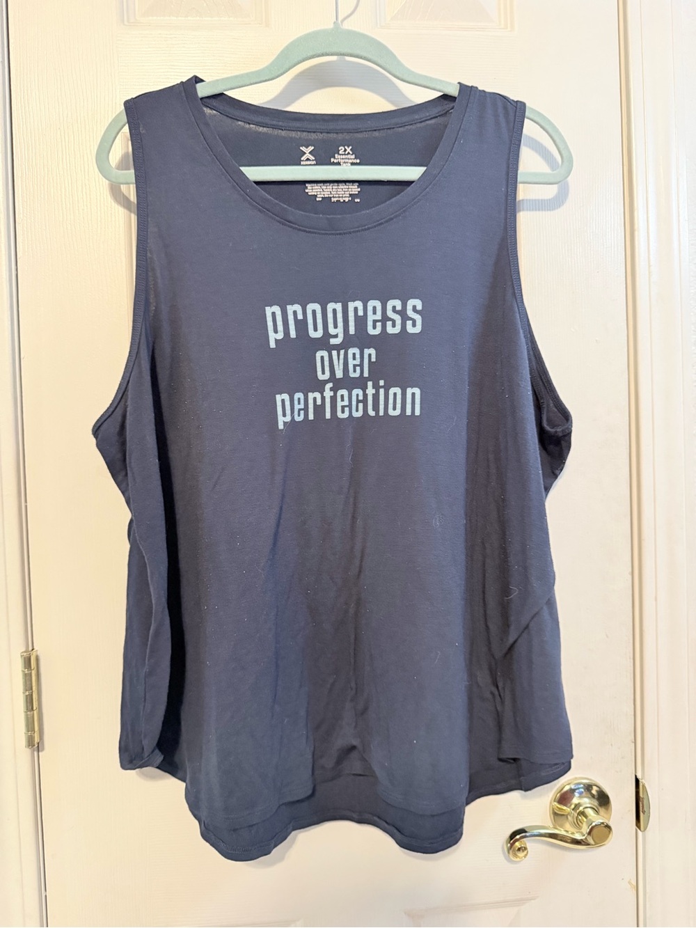 Xersion Navy Tank with Light Blue 'Progress Over Perfection' Print